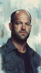 Stoic bald man gazes ahead in textured painted portrait