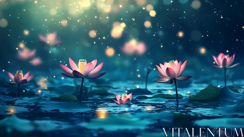 Glowing Pink Lotus Flowers in Enchanted Blue Nighttime Water