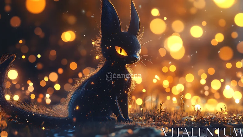 Black fantasy cat with glowing eyes in warm bokeh field.