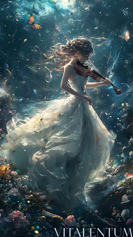 Enchanted violinist drifting through luminous dreamscape.