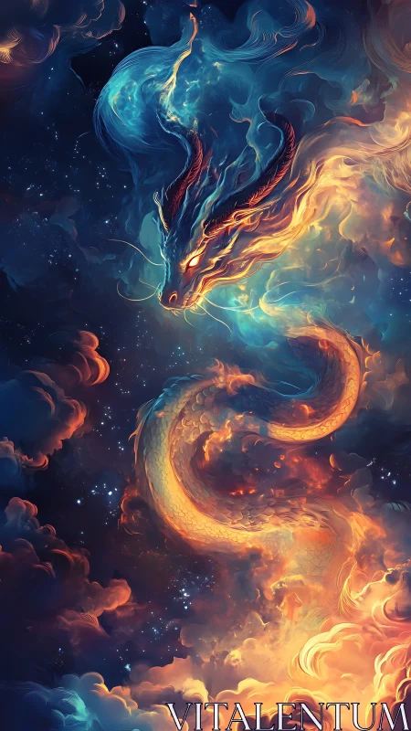 Celestial fire dragon coils through glowing cosmic clouds