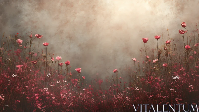 Whispered Dreams in the Mist: A Tender Wildflower Field.