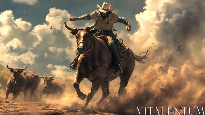 Cowboy drives stampeding bull through dust storm plains.