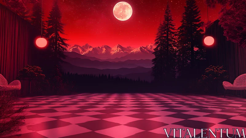 Neon moonlit terrace with alpine horizon and checkered floor.