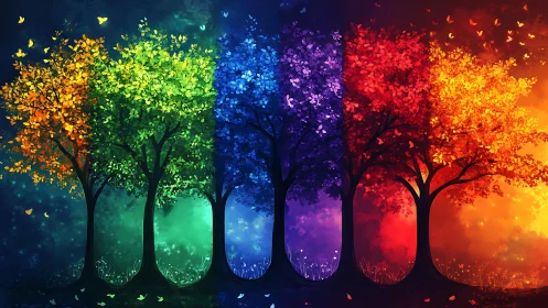 Row of stylized trees rendered in segmented rainbow tones.