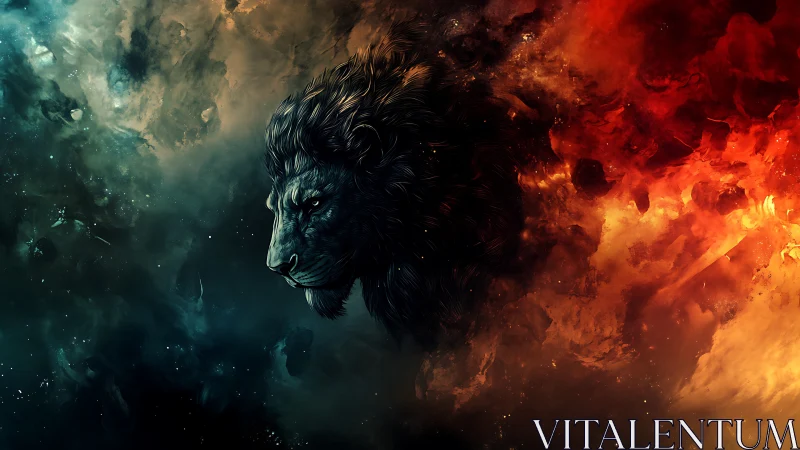 Lion profile emerging from blue and fiery nebula clouds.