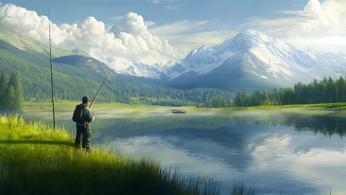 Fisherman on calm mountain lake with snowy peaks and clouds.