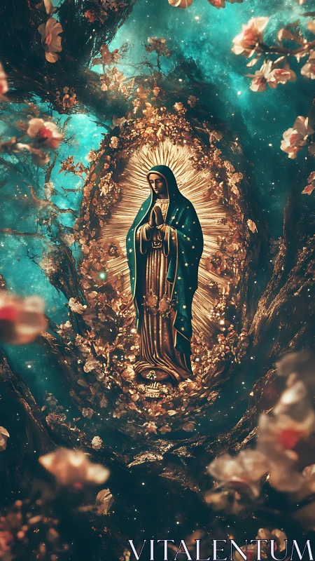 Madonna icon glows amid cosmic blossoms and golden halo.