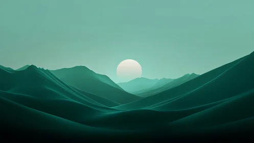 Minimalist digital landscape shows layered teal hills and sun
