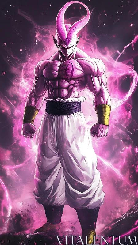 Powerful pink warrior stands in swirling cosmic energy storm