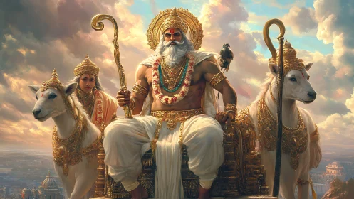 Digital painting of regal deity enthroned with sacred cattle.