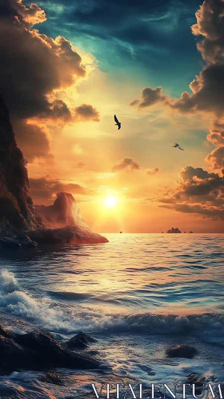 Sunlit ocean horizon glows beneath dramatic storm clouds.