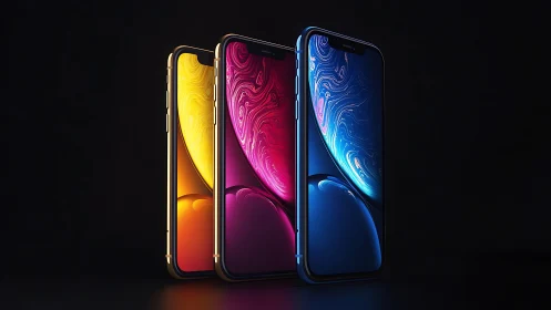Three smartphones displaying gradient wallpapers on black background.