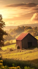 Sunlit wooden barn in rolling rural landscape at sunset.