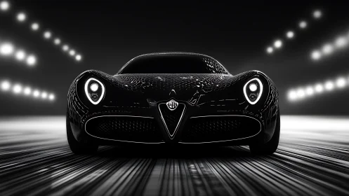 Sleek black sports car glides through a luminous tunnel of light