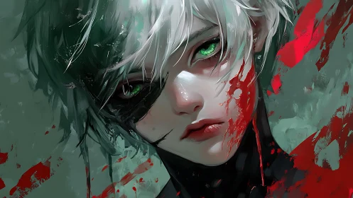 Green eyed anime character with bloodstained pale face.