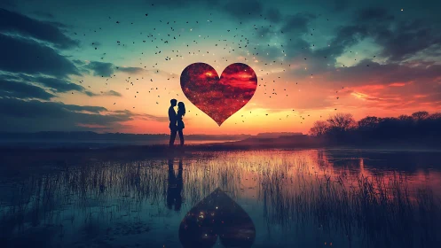 Silhouetted couple at sunset with glowing heart