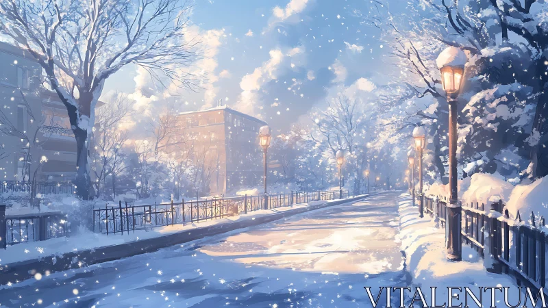 Snow-covered urban promenade shows winter lighting conditions