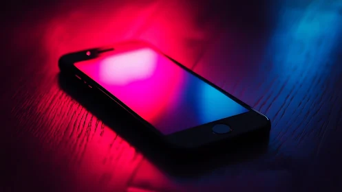Neon-Illuminated Smartphone Display: Magenta and Cyan Light Gradients.