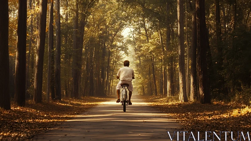 Solitary cyclist navigating tree-lined avenue in golden hour luminescence.