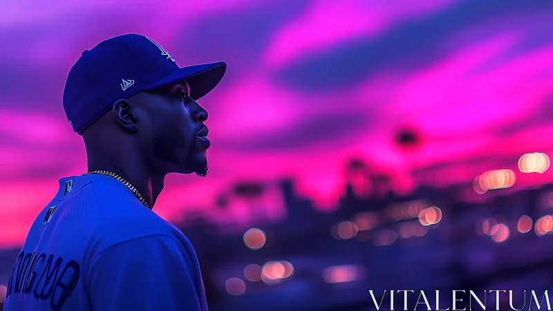 Neon dusk portrait of baseball player in electric magenta glow.