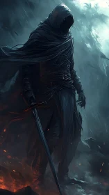 Hooded wraith swordsman in volcanic ash and icy storm