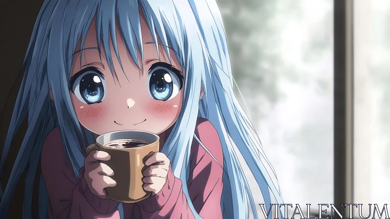 Blue haired anime girl with coffee in soft morning light.
