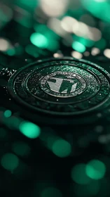 Glimmering teal coin resting in a dreamy digital glow.