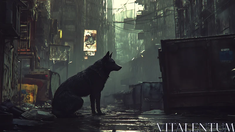 Solitary cyberpunk dog in rain-soaked neon alleyway at dusk.