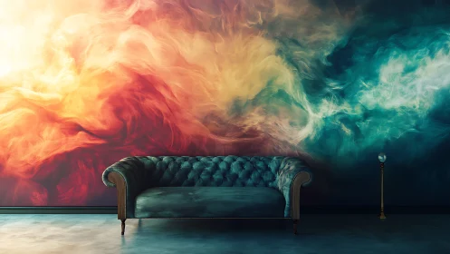 Velvet sofa adrift beneath swirling nebula wall art.