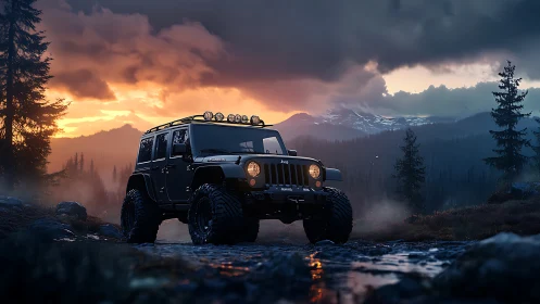 Off-road sunset escape with a rugged mountain adventure Jeep.