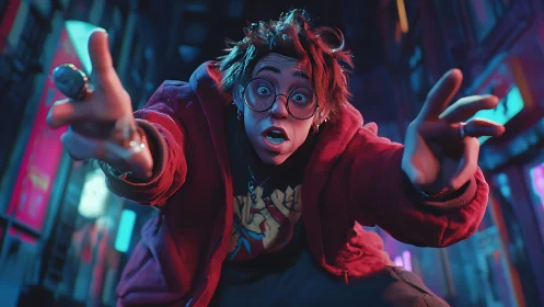 Street performer leans into lens under neon rim lighting.