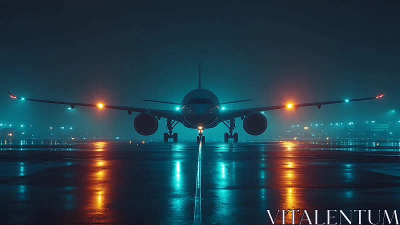 Midnight airliner waits calmly on a glowing wet runway