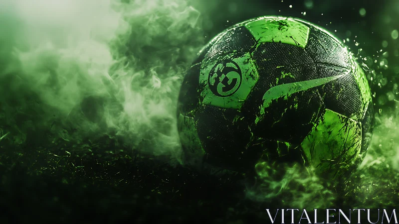 High-contrast green soccer ball rendered with wet-surface shading