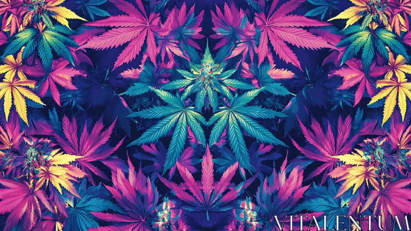 Color-soaked cannabis leaves glowing in dreamy neon hues.