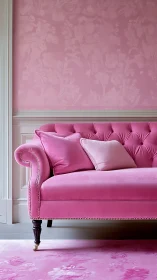 Pink velvet sofa anchors a monochrome floral living room.