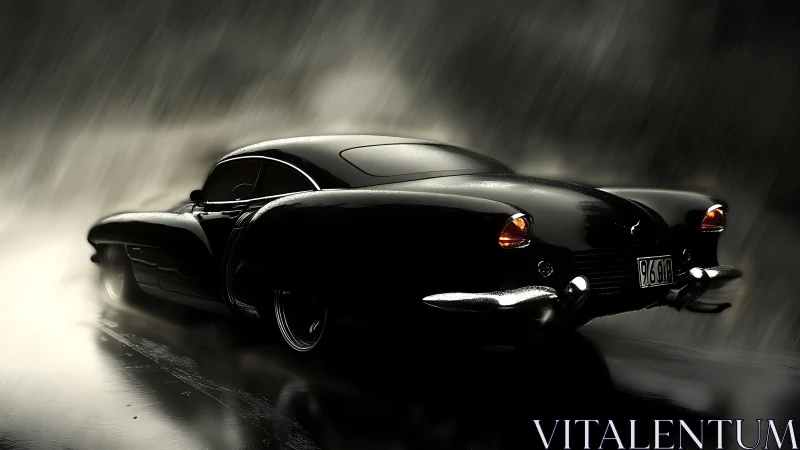Vintage black coupe on wet road in heavy rainfall at night.