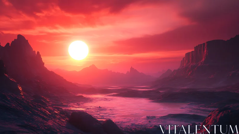 Distant sun illuminates rocky valley and reflective basin