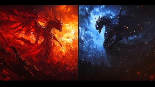 Contrasting red and blue dragon entities face each other