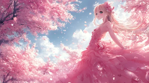 Anime girl in pink dress among dense cherry blossoms.