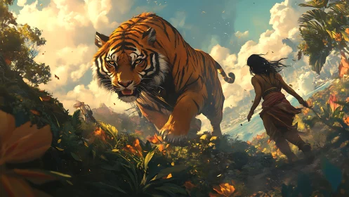 Giant tiger striding beside warrior through lush jungle trail.