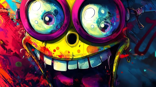 Intense cartoon face with goggles in vivid neon colors.