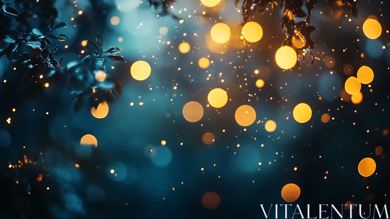 Out-of-focus warm light orbs float before dark foliage