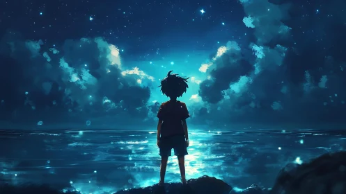 Silhouetted child observes illuminated ocean under star field