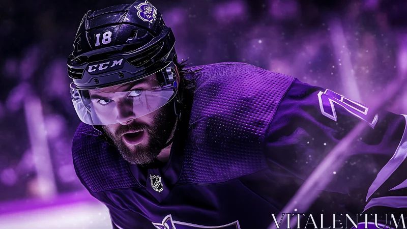 Chromatic close-quarters analysis of purple-lit hockey sprint.