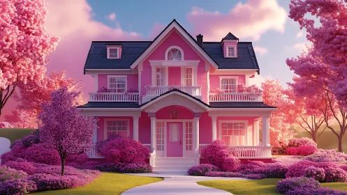 Pink two story house with manicured garden in soft light.