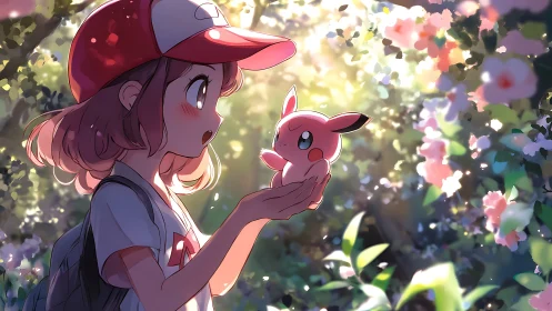 Girl in cap holding small pink creature in sunlit garden.