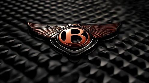 Winged automotive emblem on dark textured metallic surface