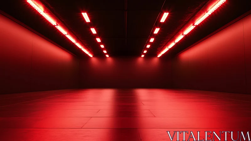 Red LED illuminated corridor with reflective floor surfaces
