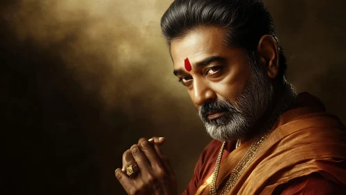 Elder in saffron robe gazes thoughtfully in warm light.